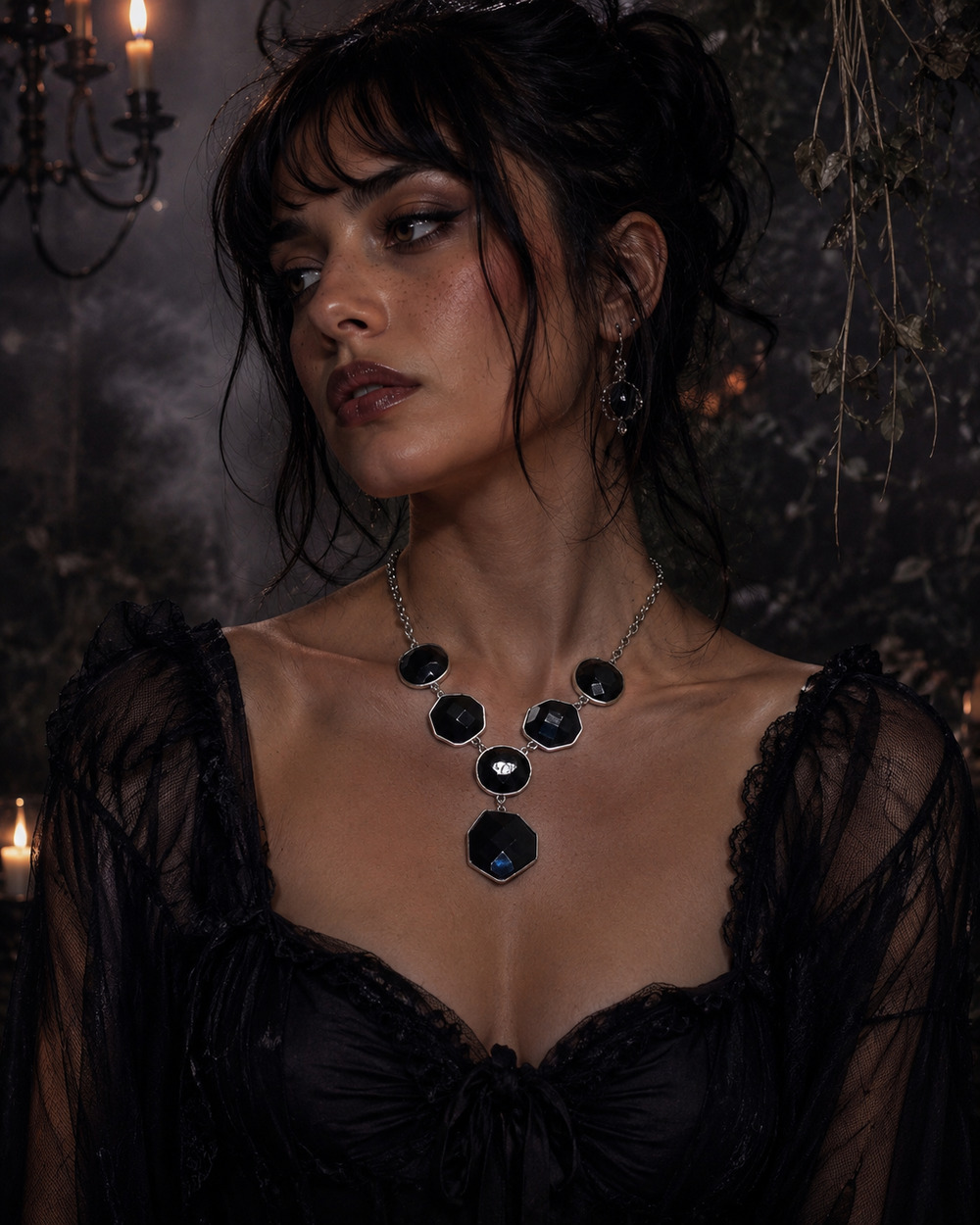 Dark feminine statement piece black resin pendant drop necklace fairy grunge